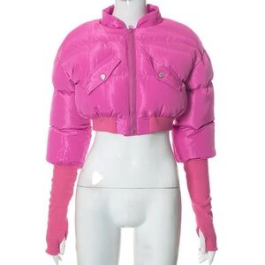 Cropped puffer jacket with long arm warmers. Pink